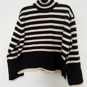 Karen Scott Black and Cream Striped Turtleneck Sweater